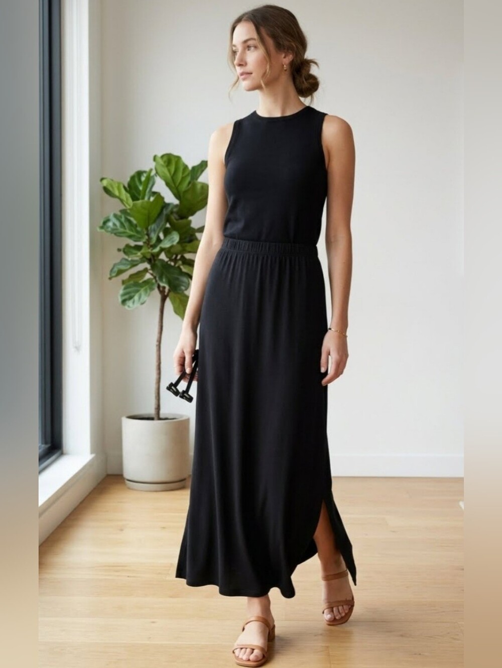 Apt. 9 Black Maxi Skirt with Side Slit Wide Comfort Wide Waist Band